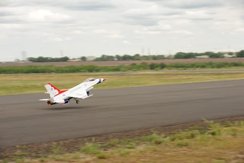 Photo of an RC model jet taking off at the annual “Warbirds Over Denver” RC plane event